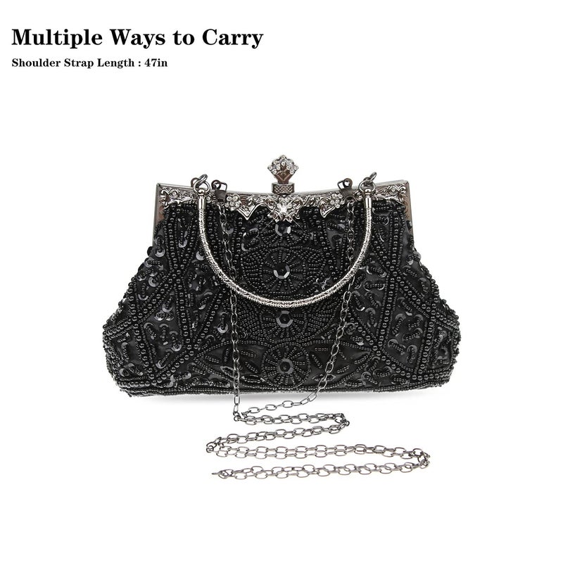 DA BODAN Women's Evening Bag Vintage Beaded Sequin Pearl Clutch Handbag Shoulder Bag Purses for Wedding Bridal Prom Party (Black) - Image 5